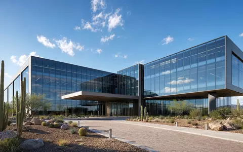 Gen Digital US3687361044 modernes Technologie-Campus-Gebäude als architektonisches CGI-Render mit Wüstenvegetation und Glasfassade - Foto: THN