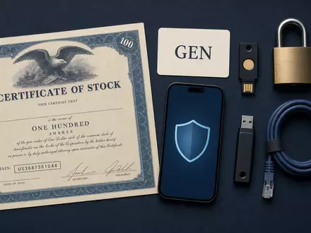 Gen Digital US3687361044 Flatlay mit Aktienzertifikat ISIN-Karte Sicherheitsschlüssel Smartphone und digitalem Schutzschild - Foto: THN