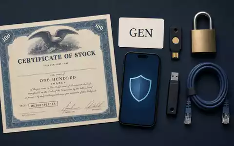 Gen Digital US3687361044 Flatlay mit Aktienzertifikat ISIN-Karte Sicherheitsschlüssel Smartphone und digitalem Schutzschild - Foto: THN