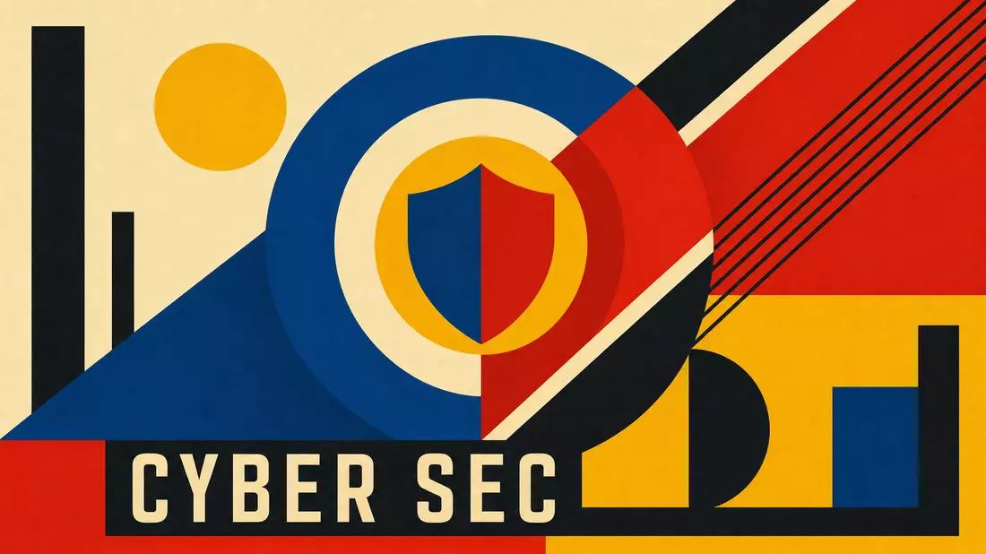 Bauhaus-Poster für Gen Digital mit geometrischem Schutzschild und Text CYBER SEC