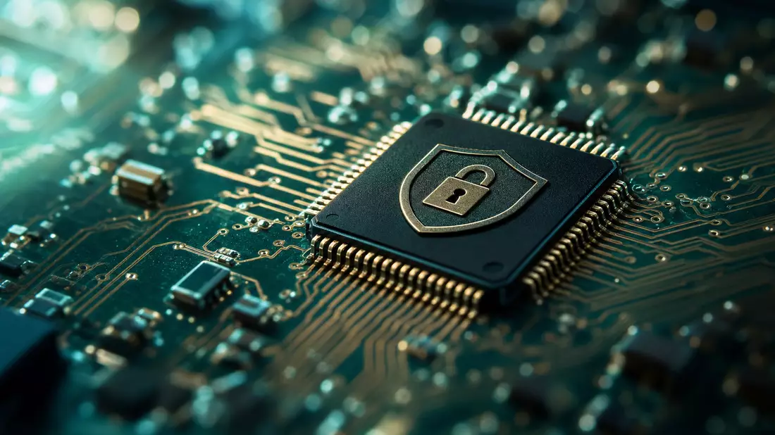 Extreme Makro-Nahaufnahme eines Sicherheitschips auf PCB-Leiterplatte für Gen Digital