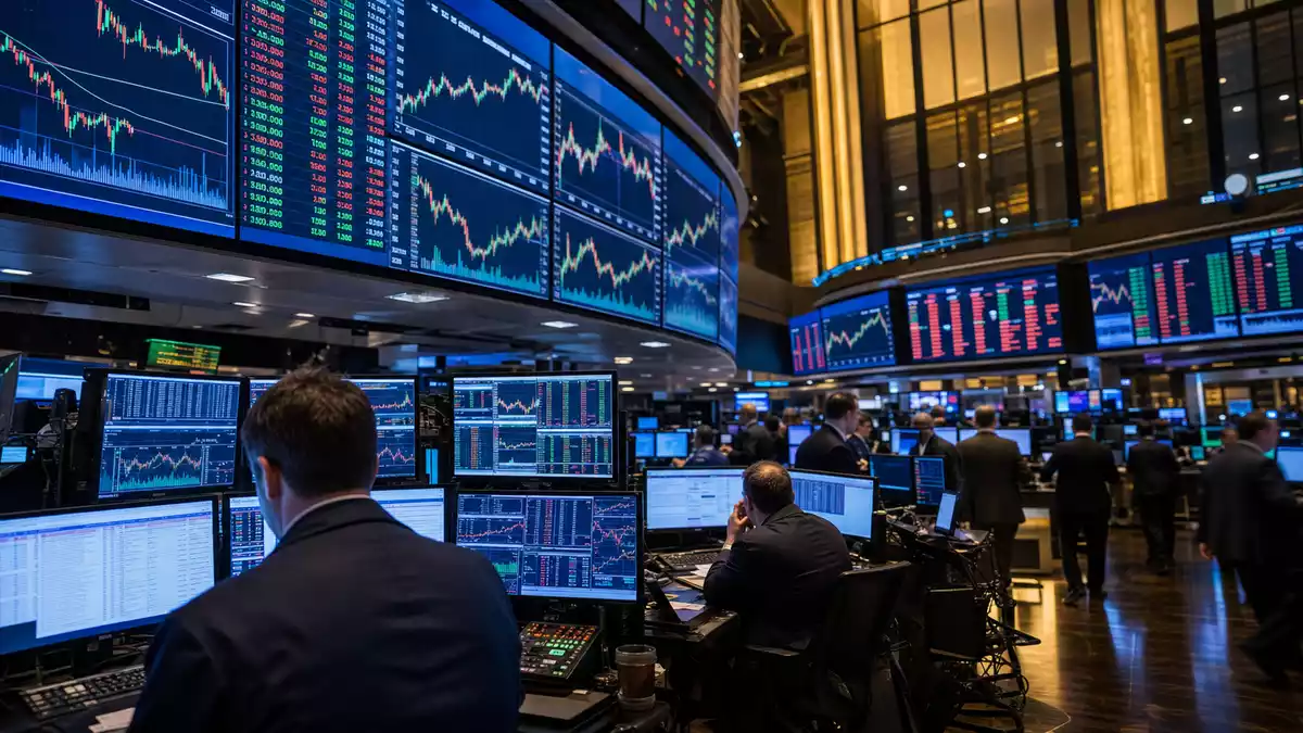 NASDAQ Trading Floor mit Händlern und Technologie-Kursmonitor für Gen Digital