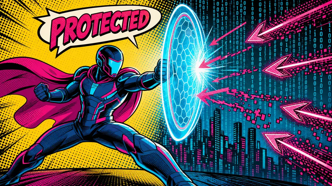 Pop-Art-Comic: Digitaler Superheld schützt mit Schild vor Cyberangriffen für Gen Digital