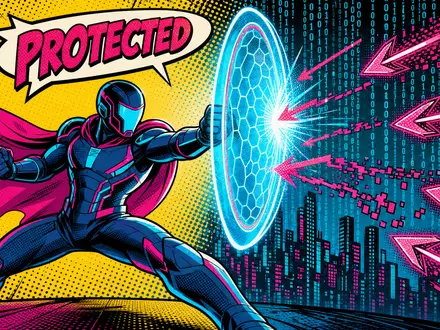 Gen Digital US3687361044 Pop-Art-Comic mit digitalem Superhelden der Cyberangriffe mit leuchtendem Schutzschild erfolgreich abwehrt - Foto: THN