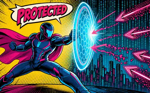 Gen Digital US3687361044 Pop-Art-Comic mit digitalem Superhelden der Cyberangriffe mit leuchtendem Schutzschild erfolgreich abwehrt - Foto: THN