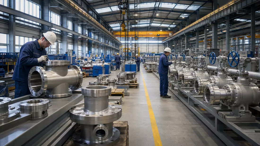 Fotorealistische Fertigungshalle mit Rohrleitungen und Metallbauteilen einer Industrieanlage