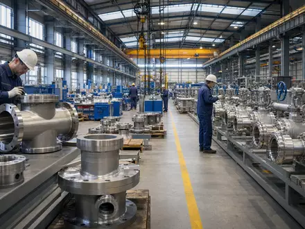 Georg Fischer AG CH0001752309 zeigt fotorealistische Fertigungshalle mit Rohrleitungssystemen und Präzisionsbauteilen in Metallverarbeitung - Foto: THN