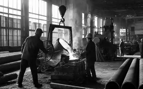 Georg Fischer AG CH0001752309 dokumentiert Schwarzweiß-Reportage einer Gussproduktion mit Arbeitern und schweren Metallrohren in Werkshalle - Foto: THN