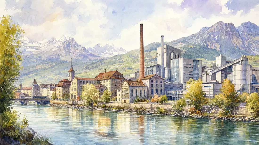 Aquarellmalerei einer Schweizer Industriestadt mit Fluss, Fabrik und Bergpanorama