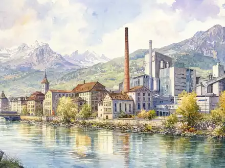 Georg Fischer AG CH0001752309 illustriert Aquarellansicht einer Schweizer Industriestadt am Fluss mit FabrikgebÀuden und Alpenkulisse - Foto: THN