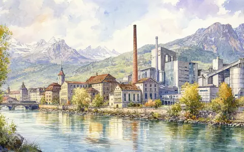 Georg Fischer AG CH0001752309 illustriert Aquarellansicht einer Schweizer Industriestadt am Fluss mit Fabrikgebäuden und Alpenkulisse - Foto: THN