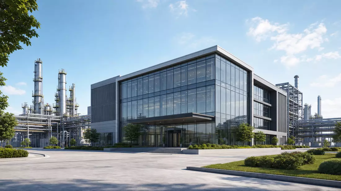 Architektonisches Rendering eines modernen Glasgebäudes neben industriellen Rohrleitungsanlagen