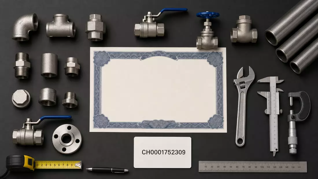 Flatlay-Anordnung mit Zertifikat, ISIN-Karte, Rohrfittings und Metallwerkzeugen