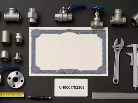 Georg Fischer AG CH0001752309 zeigt Flatlay mit Aktienzertifikat, ISIN-Karte und industriellen Rohrverbindungen sowie PrÀzisionswerkzeugen - Foto: THN