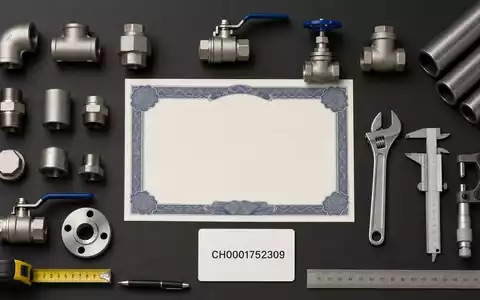 Georg Fischer AG CH0001752309 zeigt Flatlay mit Aktienzertifikat, ISIN-Karte und industriellen Rohrverbindungen sowie Präzisionswerkzeugen - Foto: THN