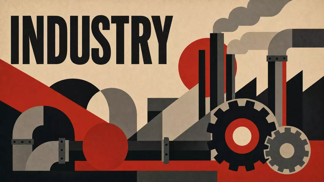 Bauhaus-Poster mit geometrischen Formen, Zahnrädern und Schriftzug INDUSTRY