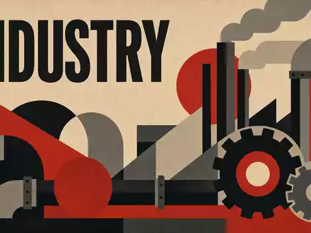 Georg Fischer AG CH0001752309 inszeniert geometrisches Bauhaus-Poster mit Zahnrädern, Rohrformen und dem Sektor-Schriftzug INDUSTRY - Foto: THN