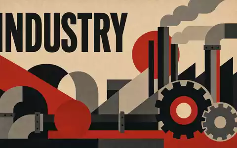 Georg Fischer AG CH0001752309 inszeniert geometrisches Bauhaus-Poster mit Zahnrädern, Rohrformen und dem Sektor-Schriftzug INDUSTRY - Foto: THN