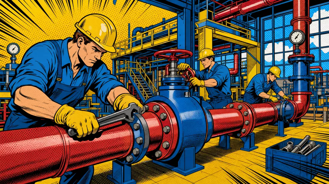 Pop-Art-Comic-Illustration von Arbeitern an Industrierohren mit kräftigen Farben