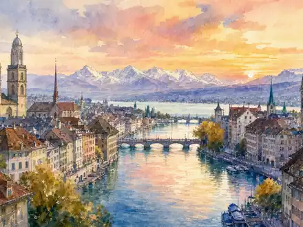 Barry Callebaut AG (CH0009002962) präsentiert Firmensitz als malerische Aquarell-Stadtansicht mit weichen Pastellfarben und feinen Konturen - Foto: THN