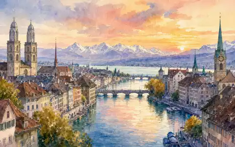 Barry Callebaut AG (CH0009002962) präsentiert Firmensitz als malerische Aquarell-Stadtansicht mit weichen Pastellfarben und feinen Konturen - Foto: THN