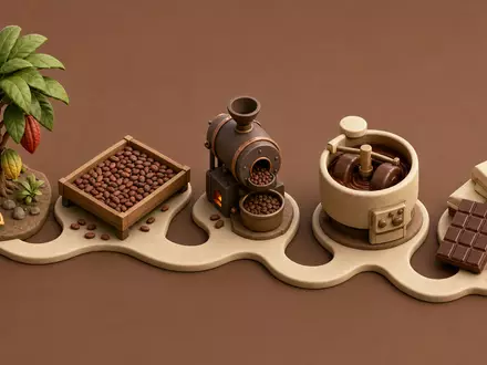Barry Callebaut AG (CH0009002962) als isometrisches 3D-Diagramm der Wertschöpfungskette mit stilisierten Icons und Verbindungslinien - Foto: THN