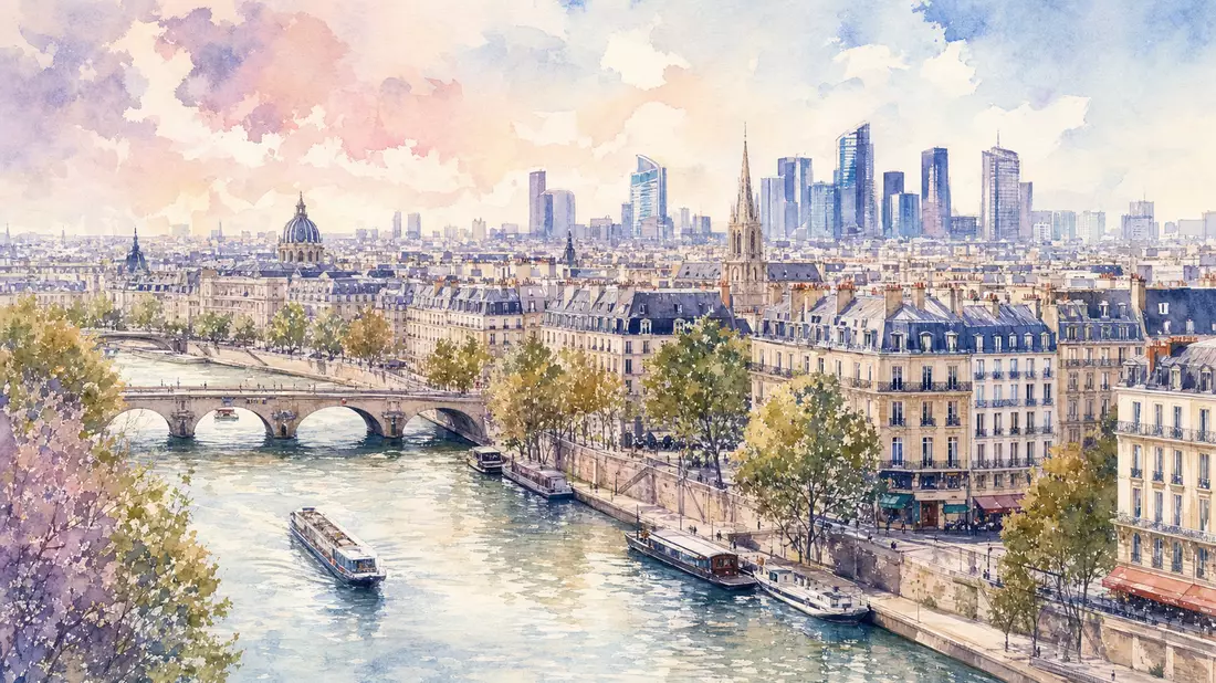 Aquarellmalerei der Pariser Skyline mit modernen Bürotürmen entlang der Seine