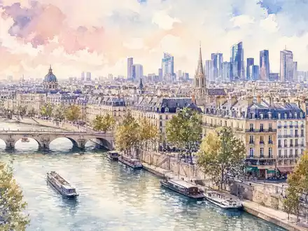 Wendel SE FR0000120966 präsentiert eine Aquarell-Ansicht der Pariser Skyline mit modernen Türmen und Seine-Ufer - Foto: THN