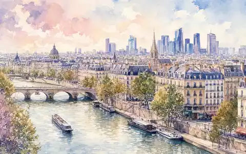 Wendel SE FR0000120966 präsentiert eine Aquarell-Ansicht der Pariser Skyline mit modernen Türmen und Seine-Ufer - Foto: THN