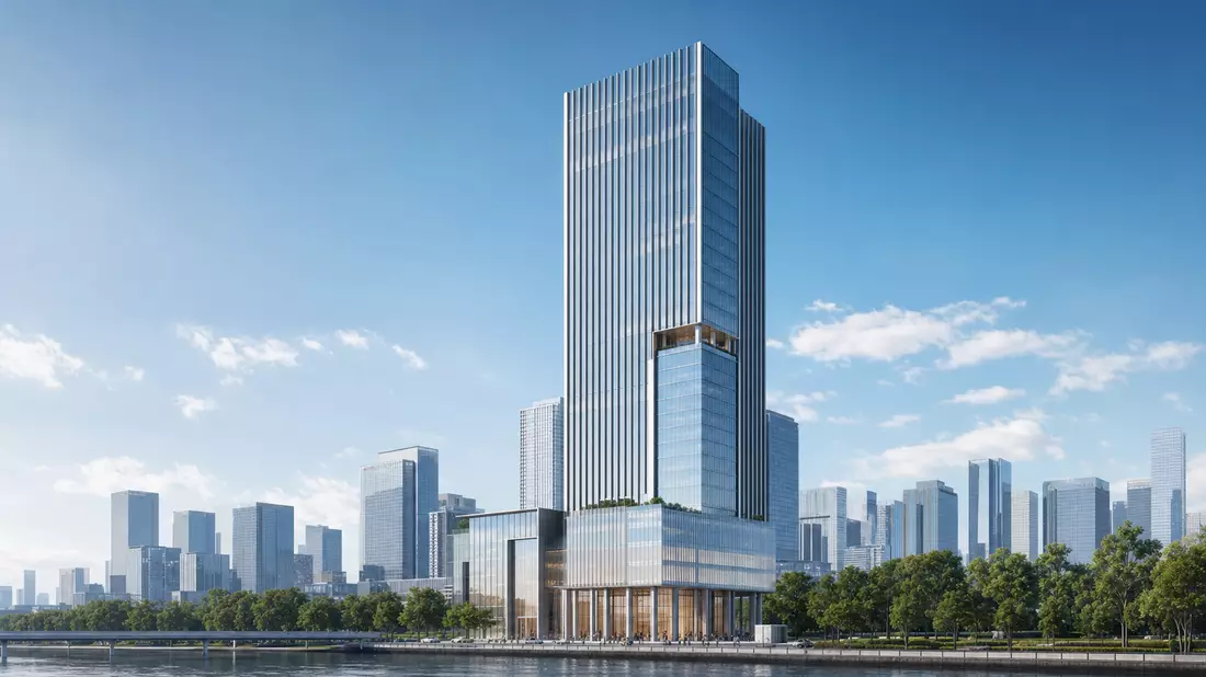 Architektur-Render eines eleganten Glas- und Stahl-Wolkenkratzers vor blauem Himmel