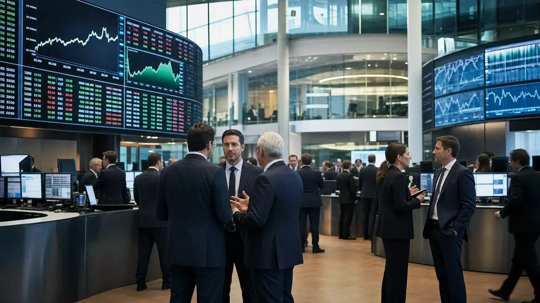Editorial-Foto eines Börsen-Trading-Floors mit großen Kursbildschirmen und Geschäftsleuten