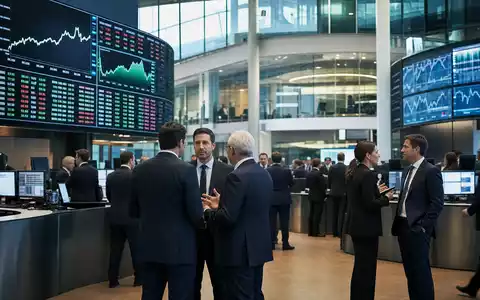 Wendel SE FR0000120966 zeigt editorial den Trading-Floor der Euronext Paris mit Geschäftsleuten und großen Kursbildschirmen - Foto: THN