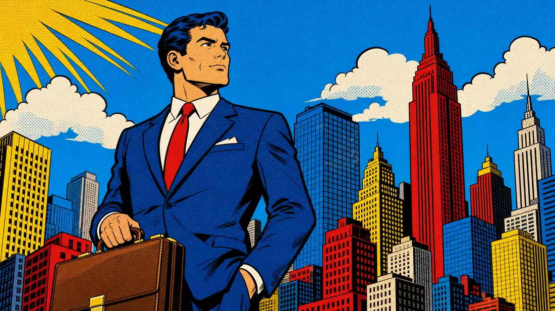 Pop-Art-Comic-Illustration eines Geschäftsmanns mit Aktenkoffer vor bunten Wolkenkratzern