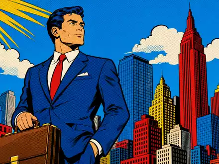 Wendel SE FR0000120966 präsentiert eine Pop-Art-Comic-Szene mit selbstbewusstem Geschäftsmann vor bunten Wolkenkratzern - Foto: THN