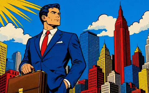 Wendel SE FR0000120966 präsentiert eine Pop-Art-Comic-Szene mit selbstbewusstem Geschäftsmann vor bunten Wolkenkratzern - Foto: THN