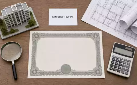 Swiss Prime Site AG (CH0011029946) als Flatlay-Komposition mit Aktienzertifikat, ISIN-Karte und branchentypischen Objekten von oben - Foto: THN