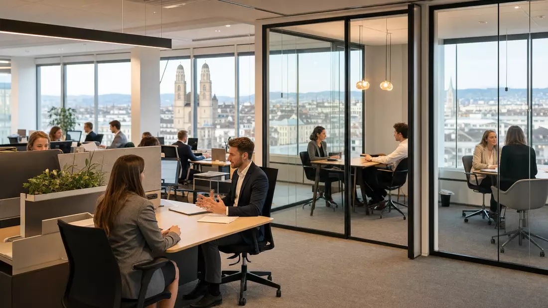 Modernes Büro mit Vorstellungsgesprächen, symbolisch für Personaldienstleistungen in Zürich