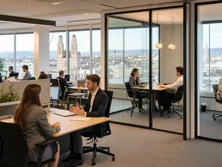 Fotorealistisches Bürointerieur zeigt Personaldienstleister Adecco Group AG, ISIN CH0012138530, mit modernen Vorstellungsgesprächen in Zürich - Foto: THN