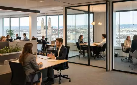 Fotorealistisches Bürointerieur zeigt Personaldienstleister Adecco Group AG, ISIN CH0012138530, mit modernen Vorstellungsgesprächen in Zürich - Foto: THN