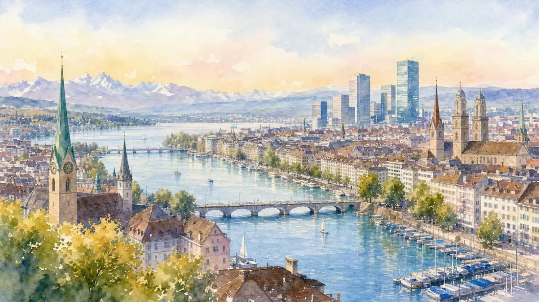 Aquarell-Stadtansicht von Zürich mit Fluss, Altstadt und Alpenpanorama