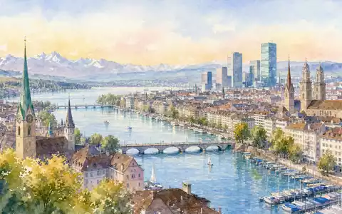 Aquarellgemälde von Zürich symbolisiert den Sitz von Adecco Group AG, ISIN CH0012138530, mit Bergpanorama - Foto: THN