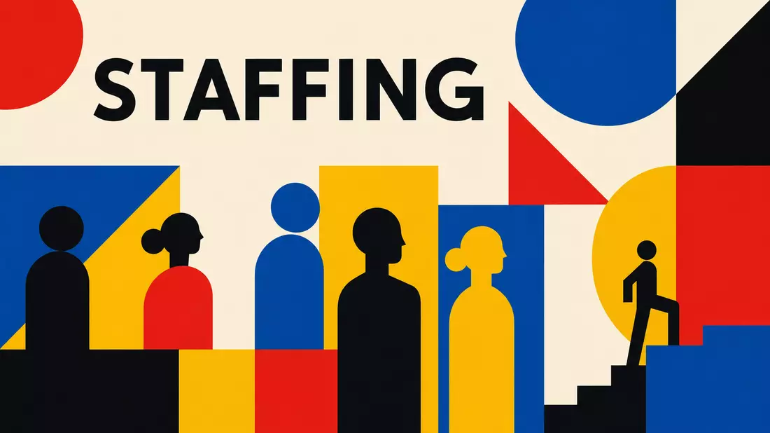 Bauhaus-Poster mit geometrischen Formen und Schriftzug STAFFING
