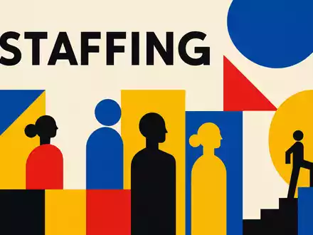 Geometrisches Bauhaus-Poster mit Sektor-Schriftzug STAFFING verbildlicht Adecco Group AG, ISIN CH0012138530, im Personaldienstleistungsmarkt - Foto: THN