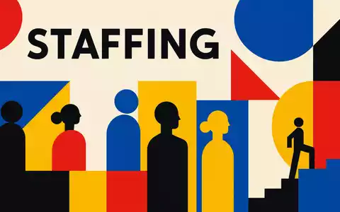 Geometrisches Bauhaus-Poster mit Sektor-Schriftzug STAFFING verbildlicht Adecco Group AG, ISIN CH0012138530, im Personaldienstleistungsmarkt - Foto: THN
