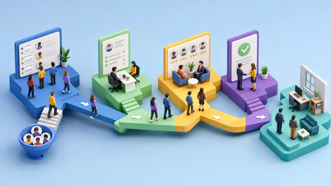 Isometrische 3D-Illustration eines Recruiting-Prozesses mit mehreren Stationen