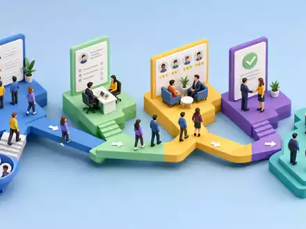 Isometrische 3D-Grafik zeigt den Vermittlungsprozess von Adecco Group AG, ISIN CH0012138530, bis zur Einstellung - Foto: THN