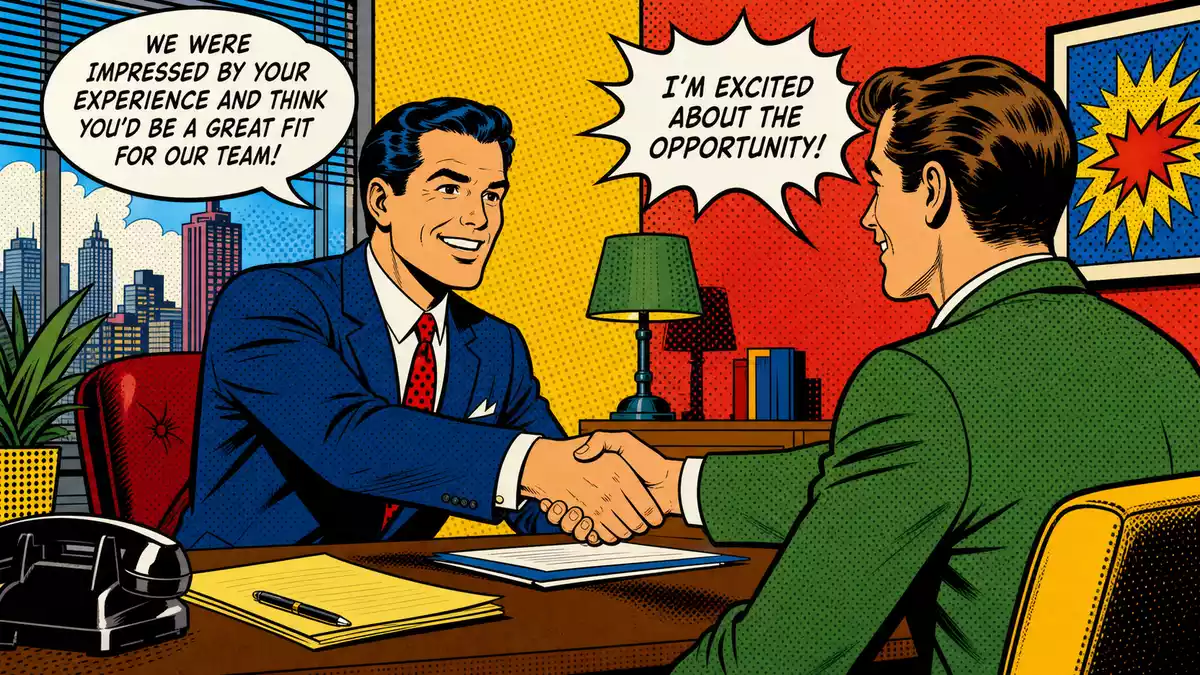 Pop-Art-Comic-Illustration eines Händedrucks zwischen Recruiter und Kandidat