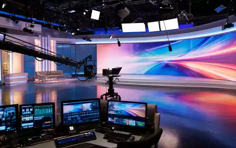 ITV plc GB0033986497 zeigt modernes TV-Studio mit Kamerakran Scheinwerfern und großer Videowand im Sendebetrieb - Foto: THN