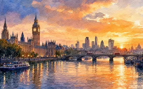 ITV plc GB0033986497 Aquarell-Gemälde zeigt London-Skyline an der Themse mit Brücke im goldenen Abendlicht - Foto: THN