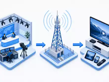 ITV plc GB0033986497 isometrische 3D-Darstellung Medien-Wertschöpfungskette Produktion Sendung Streaming drei Stufen Blau - Foto: THN